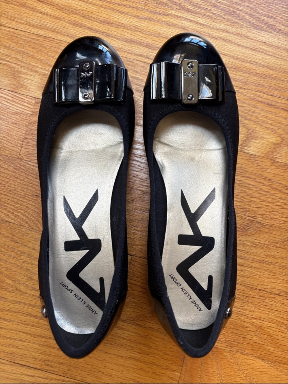 Anne Klein Black Patent Bow Cap-Toe Flats